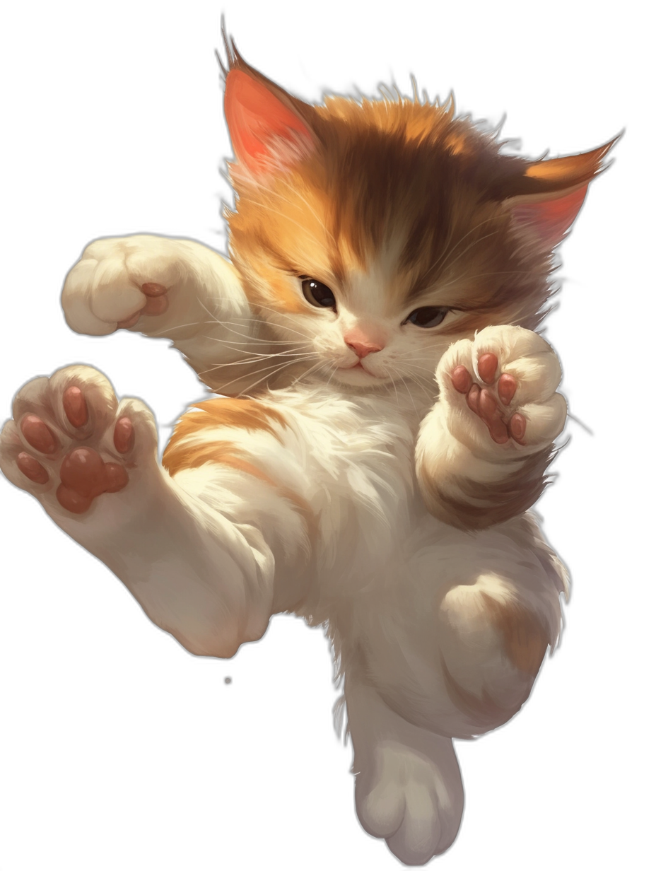 A cute orange and white kitten doing the iconic Kung Fu pose with its paws outstretched, in a digital art style with ultra detailed fur texture against a black background, as a cute anime character concept art.