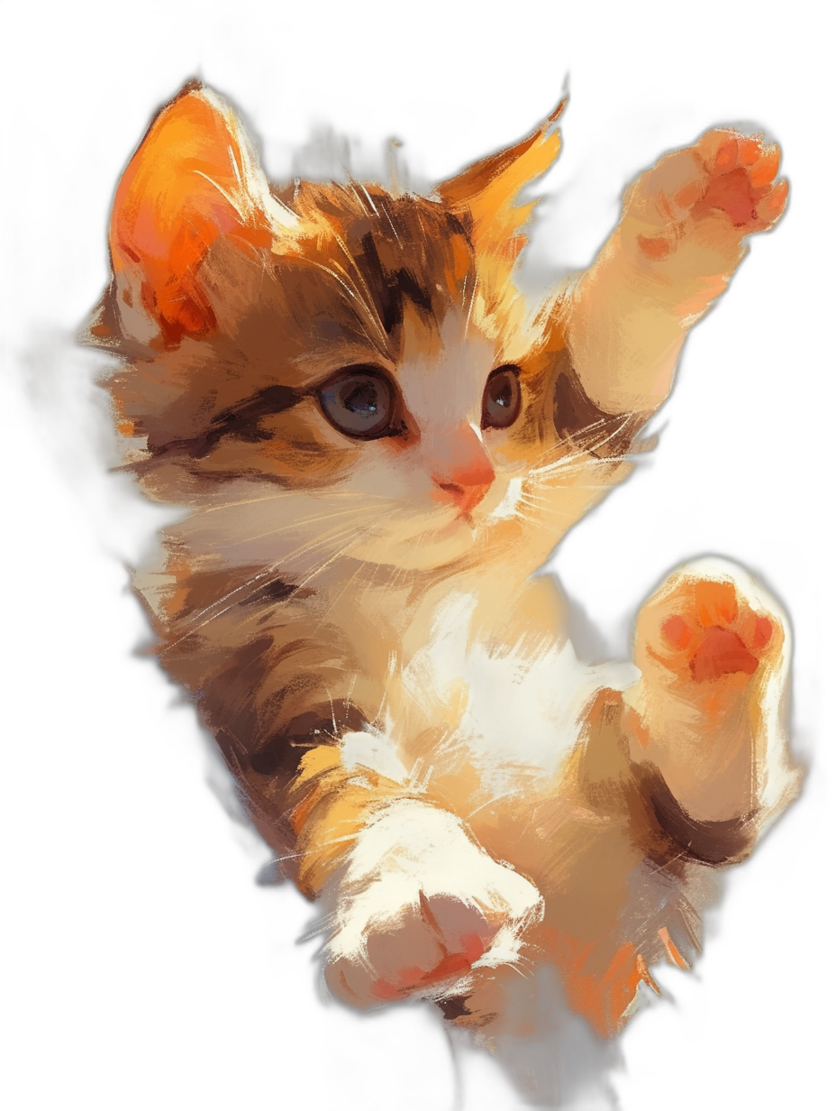 A cute kitten with paws up and down hanging in the air against a black background in the style of anime, an oil painting with brush strokes and bright colors, a high resolution digital art with high details, fantasy art concept art with cinematic lighting such as rim light and soft shadows, professionally color graded with depth of field and sharp focus in a closeup.