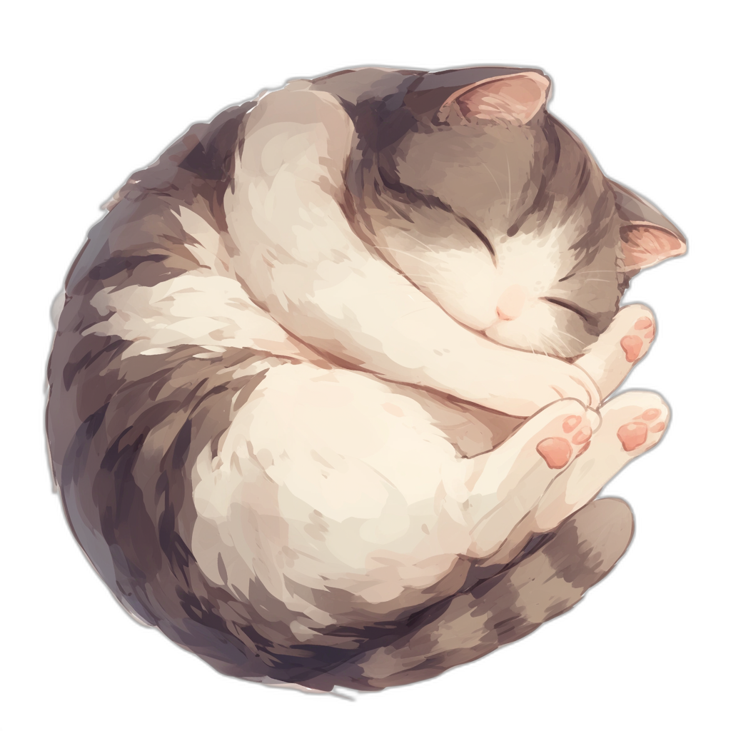 A cute cat curled up in the shape of an adorable ball, vector art, black background, digital painting, in the style of vector, in the style of cute anime, white fur with grey stripes, sleeping pose, full body view, top down perspective.