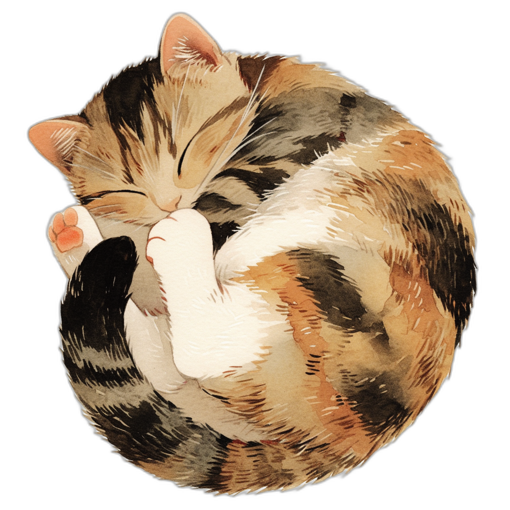 A watercolor painting clipart of an adorable calico cat curled up in the shape of a ball, isolated on a black background, in the style of [Beatrix Potter](https://goo.gl/search?artist%20Beatrix%20Potter), with warm pastel colours, high definition and very detailed.