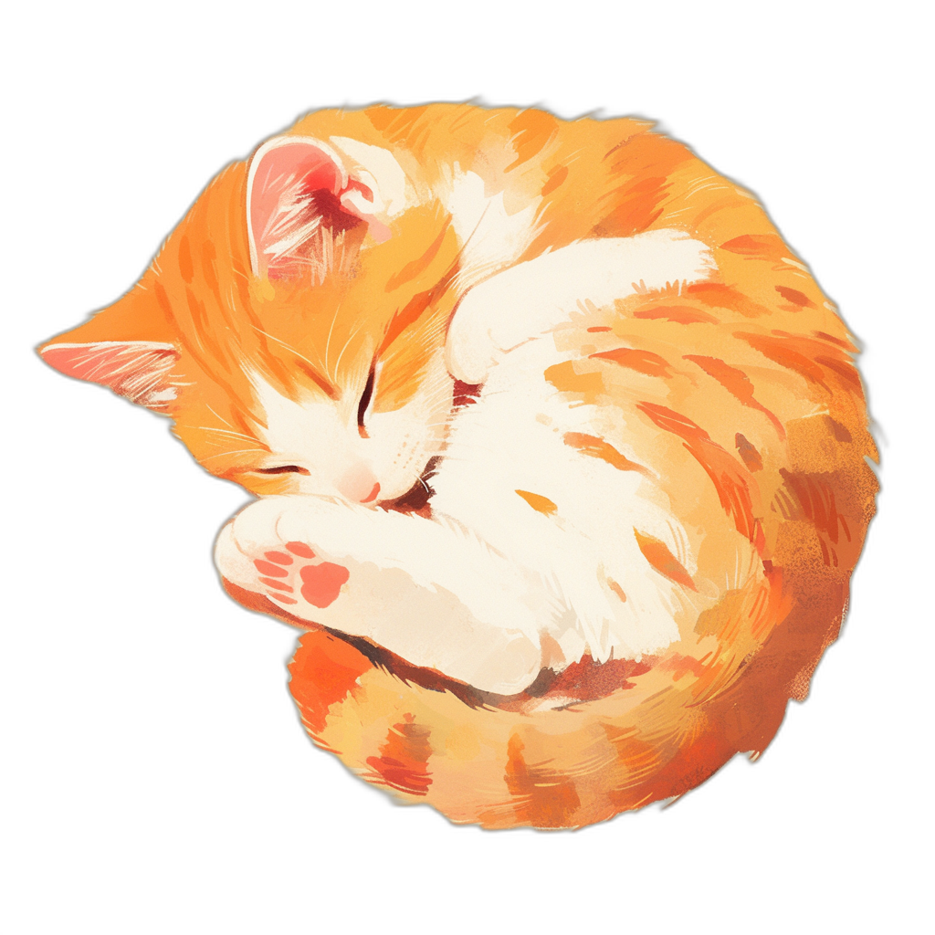 vector art, cute orange and white cat curled up sleeping, simple design, on black background, digital painting, in the style of vector art, high resolution