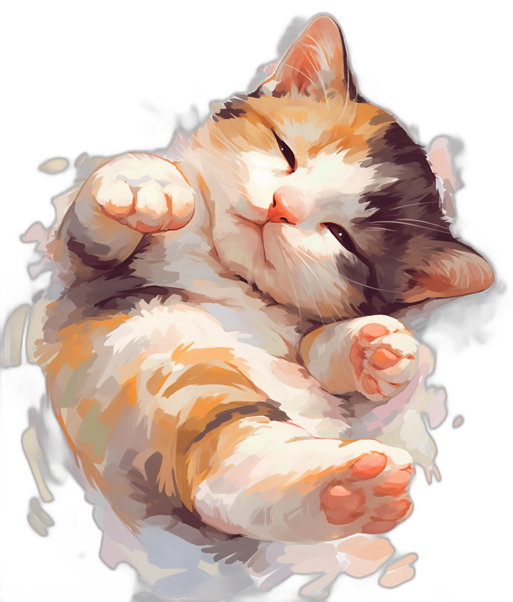 White, brown and orange cute kitten sleeping on its back with paws up, in the style of cartoon, vector art, watercolor, black background, digital painting, high detail, hyperrealistic, adorable, fluffy fur.