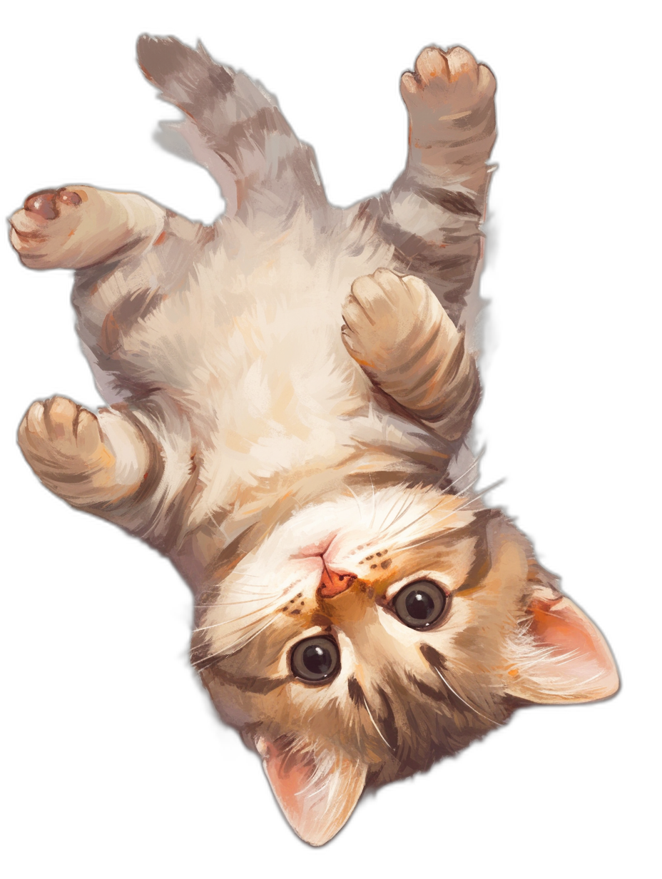 A white and light brown kitten, upside down on a black background, in a cute cartoon style, in the vector art style, detailed, realistic, in the style of a digital painting, high resolution.