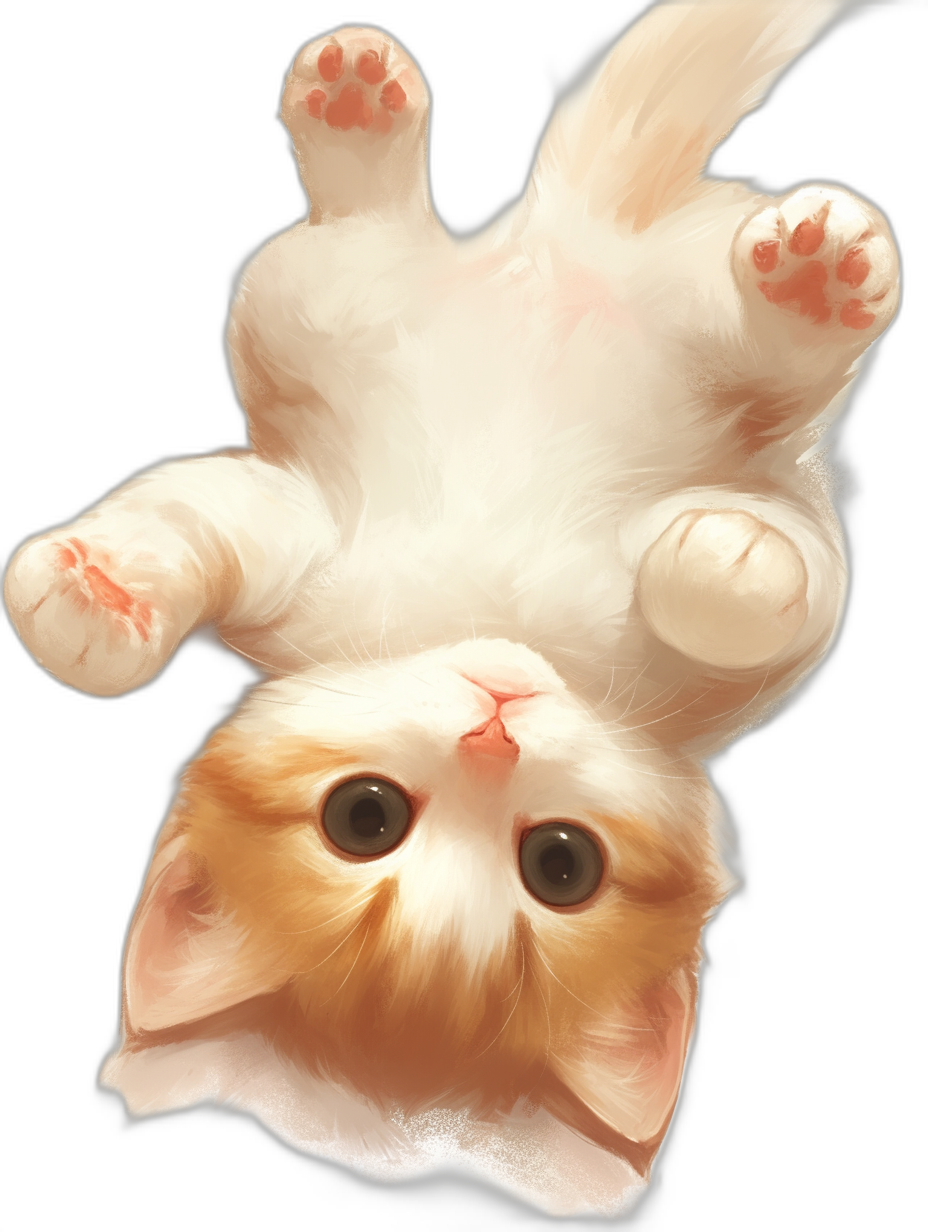 A white and orange cat, lying upside down on the ground with its paws facing upwards, with cute big eyes, on a black background, in the style of anime, with oil painting strokes, high definition, high resolution, from a top view.