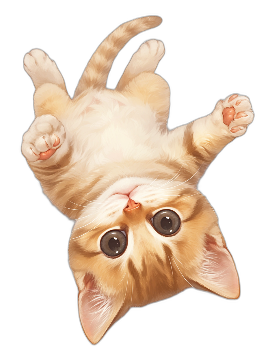 view from above of cute happy cat upside down, vector art illustration, full body portrait, detailed, black background, digital painting and drawing style, high resolution