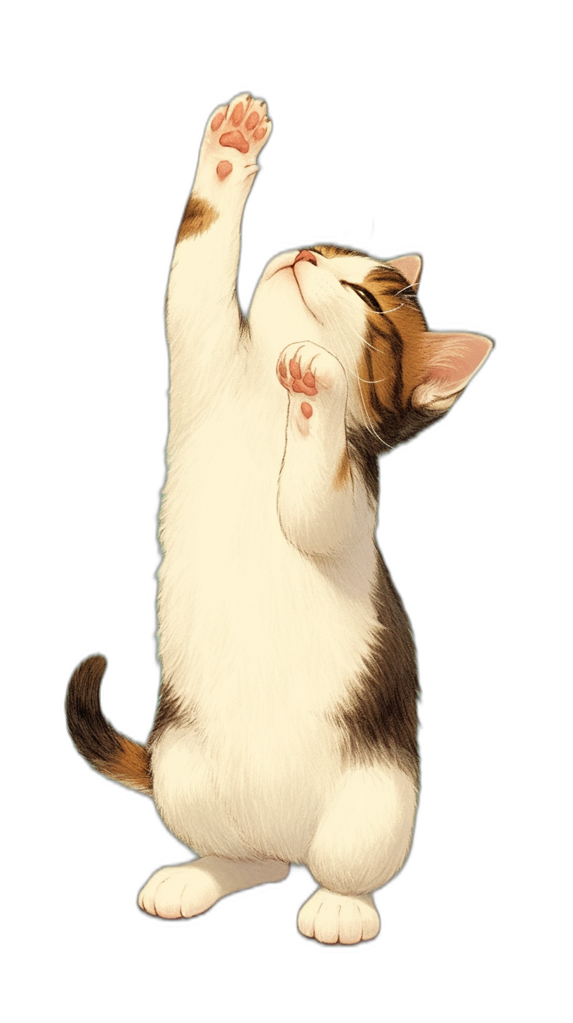 cute white cat, doing a high five pose with its full body on a black background, in the style of [J.C. Leyendecker](https://goo.gl/search?artist%20J.C.%20Leyendecker)’s illustration and in a kawaii manga art style.