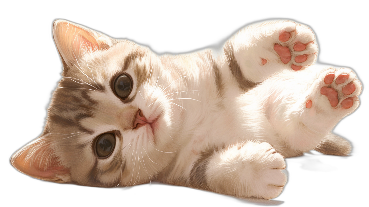 A cute cat lying on its back, showing the soles of its feet in front view, with large eyes and a pure black background. The color scheme is warm white, light brown, pink and yellow. A cartoon illustration style was used to create a high-definition, high-resolution image. It has soft lighting effects and an isolated black background. This image can be used as an avatar or profile picture for pet lovers. in the style of [Jean-Baptiste Monge](https://goo.gl/search?artist%20Jean-Baptiste%20Monge).