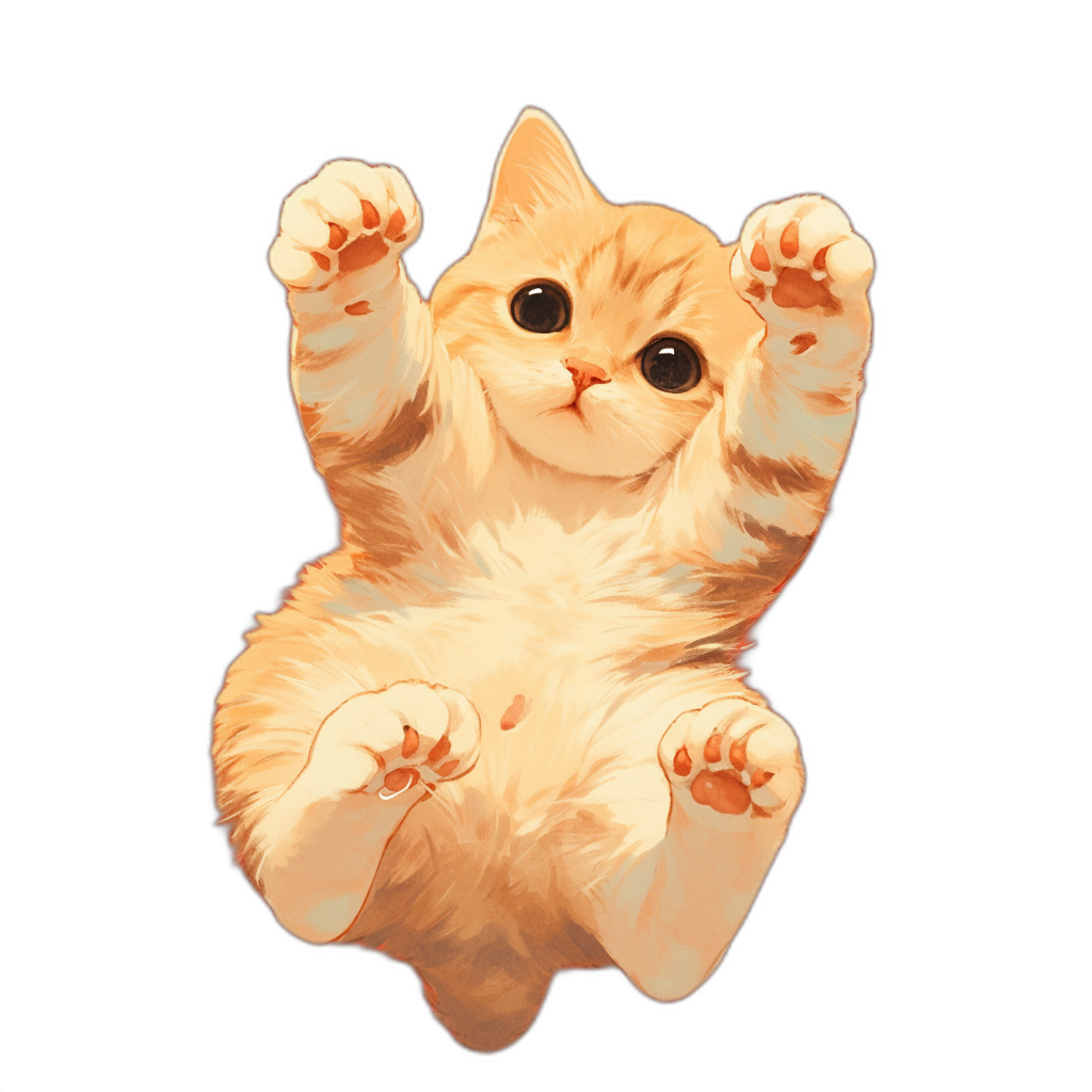 Cute cat floating in the air with two paws raised towards viewer, sticker style vector art in the style of digital painting, black background, pastel colors, cute and happy expression, high detail