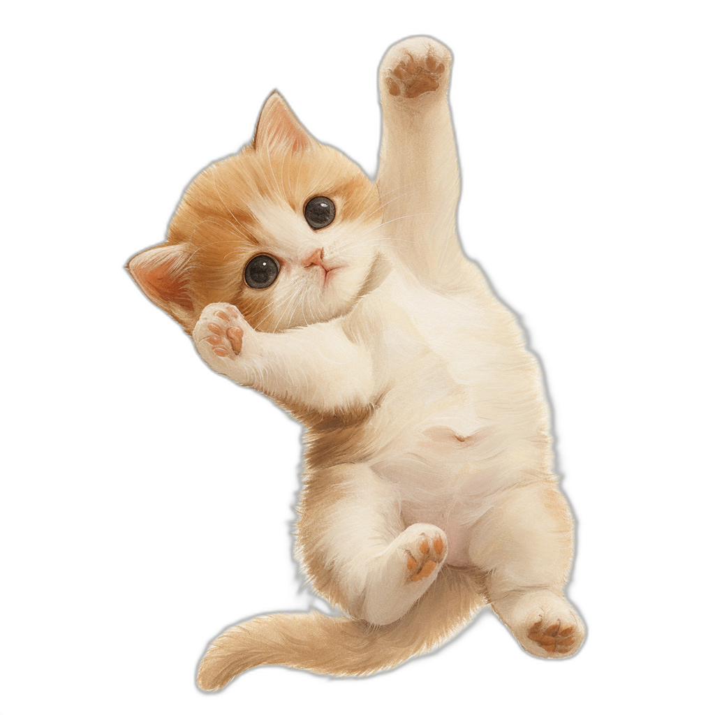 realistic happy orange and white kitten doing a handstand on a black background, cute sticker design in the style of octane render, detailed