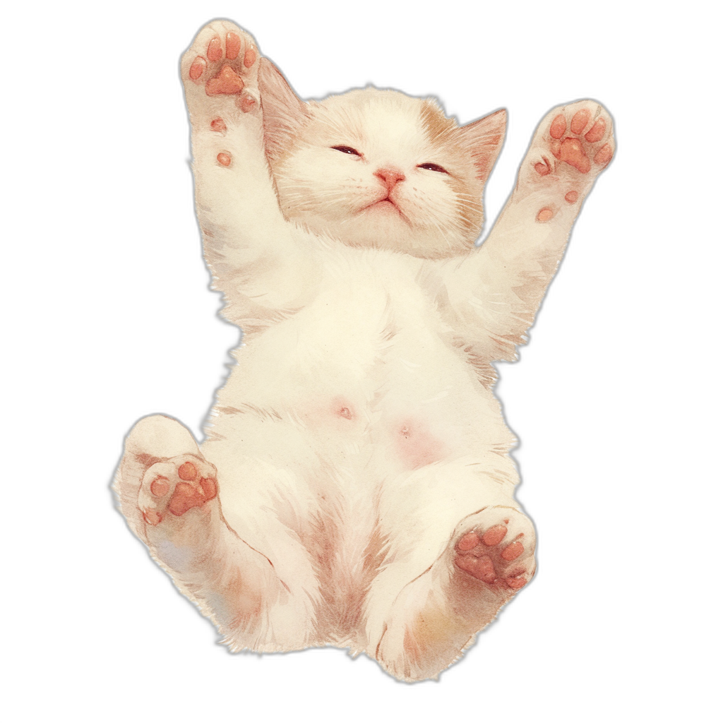 white and pink baby cat, happy facial expression, jumping in the air with two paws up for a high five, full body, black background, in the style of a sticker