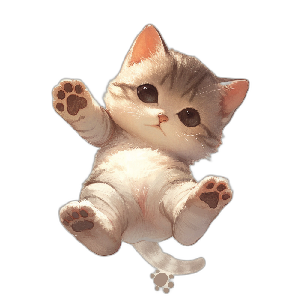 Cute cat, jumping in the air with paws raised, black background, in the style of anime, 2D game art, simple design, high detail, high resolution, high quality, high definition, high contrast, high dynamic range, cuteness, kawaii face and eyes, white fur on body.