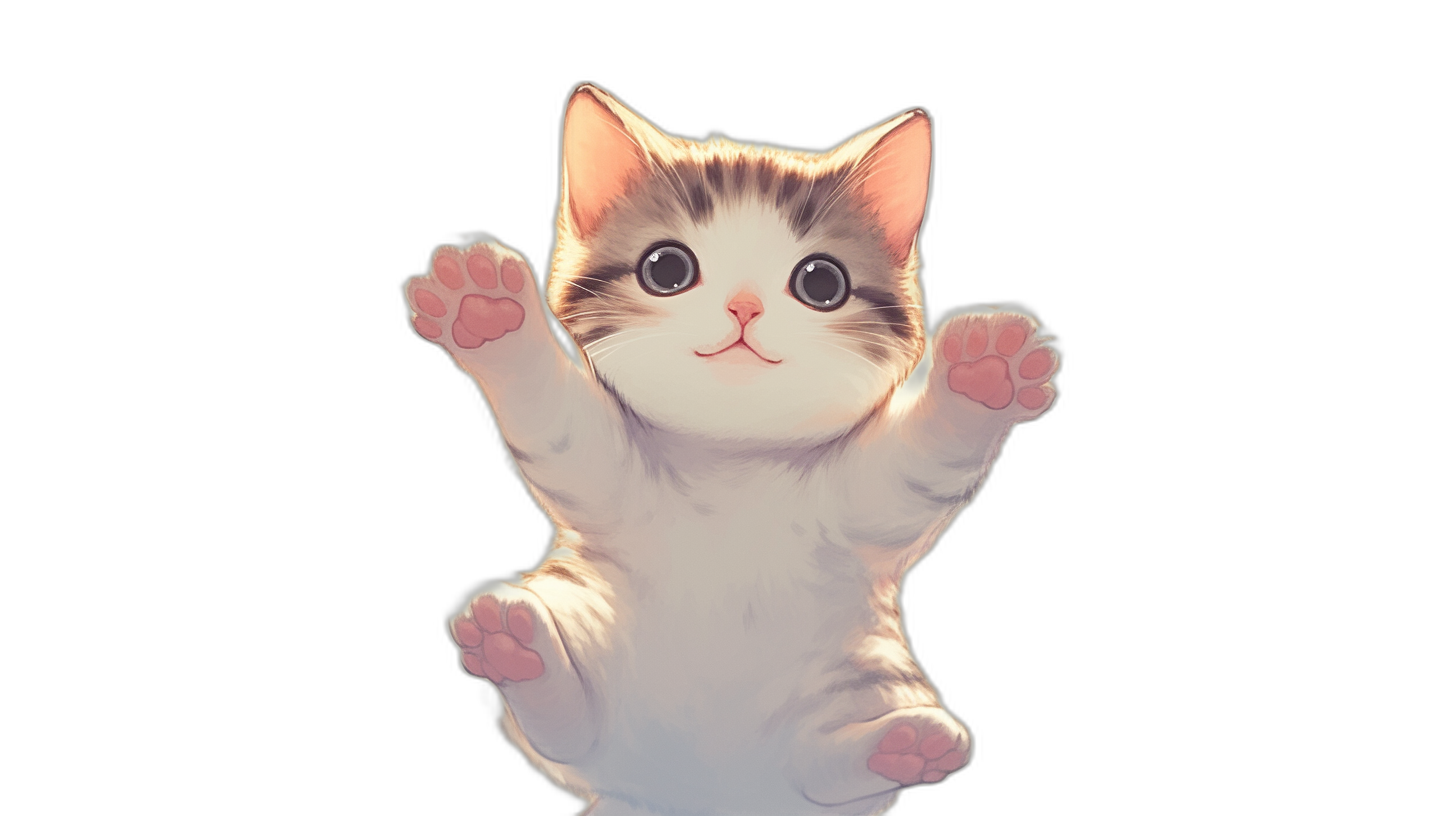 Cute cat standing on two legs, waving its paws and smiling with big eyes, on a black background, in the style of anime, cartoon, digital art, cute, fluffy fur, white body, pink paws, soft lighting, vibrant colors, high resolution, high detail, sharp focus, adorable expression.