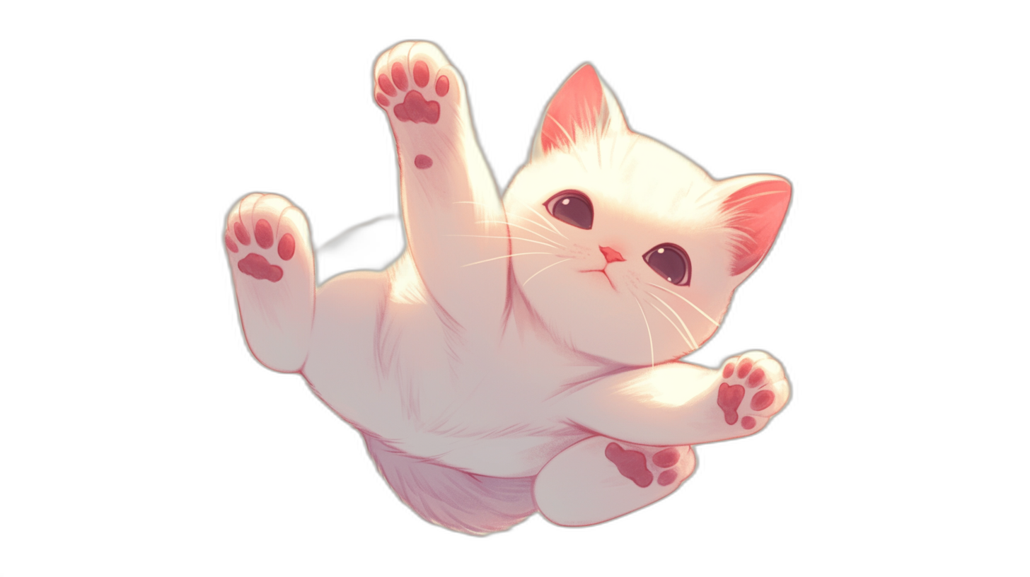 A white cat with pink paws reaches out to the viewer from above in a cute anime style on a black background, in the style of anime.