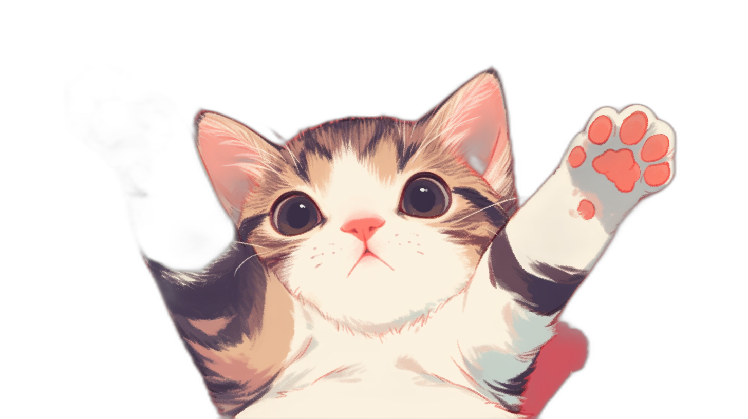 A cute cat is waving its paw, in the style of anime with a black background. The cat’s head was raised slightly upwards in the animation, with a happy expression on his face. It has soft fur texture, big eyes, pink nose, red claws, white paws, and dark brown hair around it. Its whole body radiates cuteness and joy.