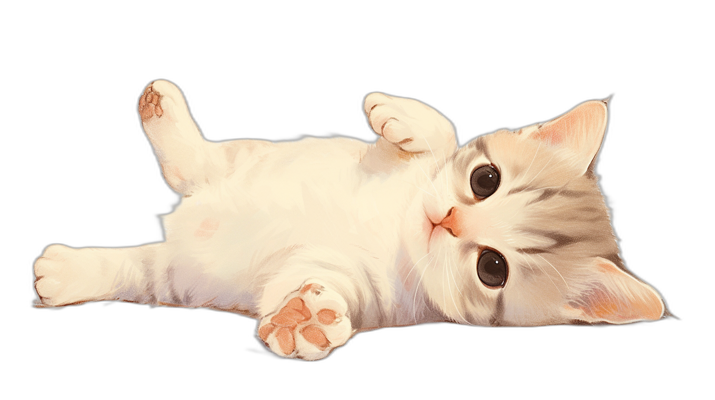 A white cute kitten lying on its back, paws up in the air, in the style of a cartoon, black background, high quality.