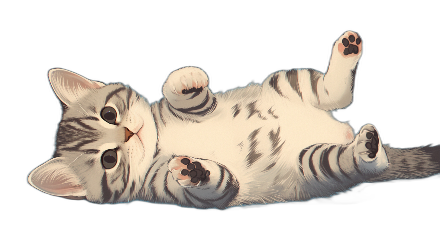 A gray and white American Shorthair cat lies on its back, belly up with two paws raised in the air, with a cute expression, on a black background, in the style of illustration, with high resolution.