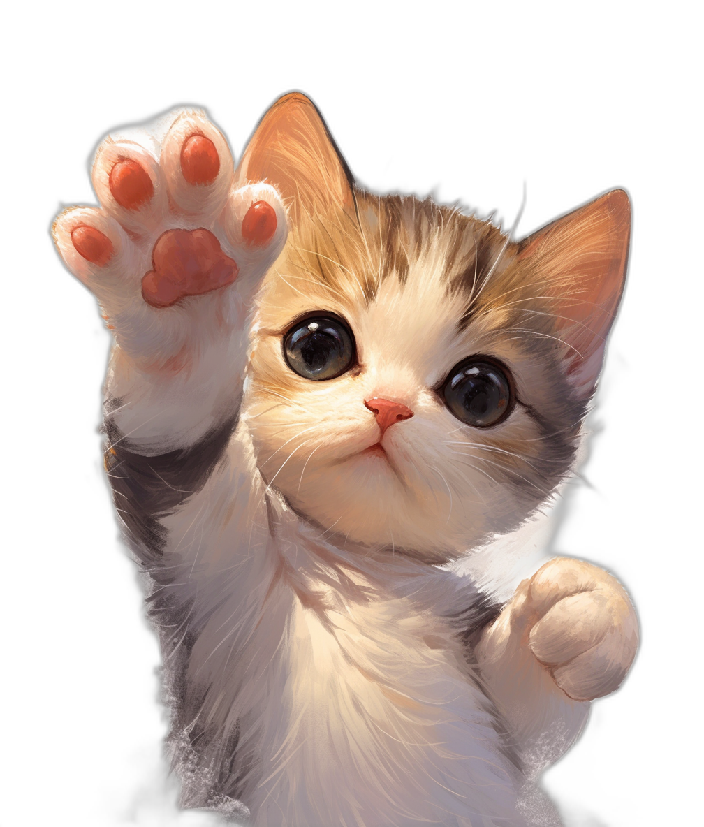 Cute cat waving its paw to you, high resolution, black background, in the style of anime.