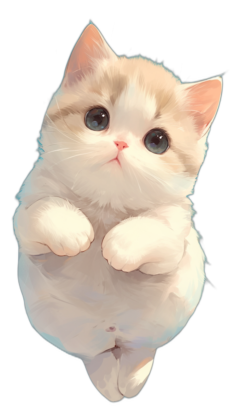 A white cute cat sitting on its hind legs looking at the camera with a cute expression, in a cartoon style with anime and pastel colors on a black background. The cat has big eyes and white paws hanging down from its body, in the style of realism.