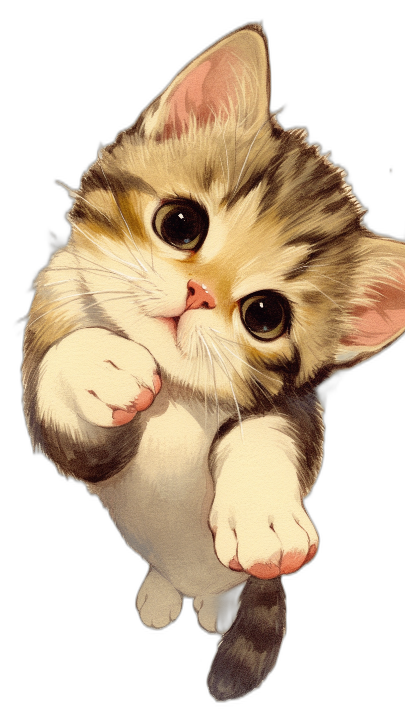 A cute kitten, top view, paws hanging down from the sky, with cute big eyes, in the style of anime, on a black background, sticker art, high resolution