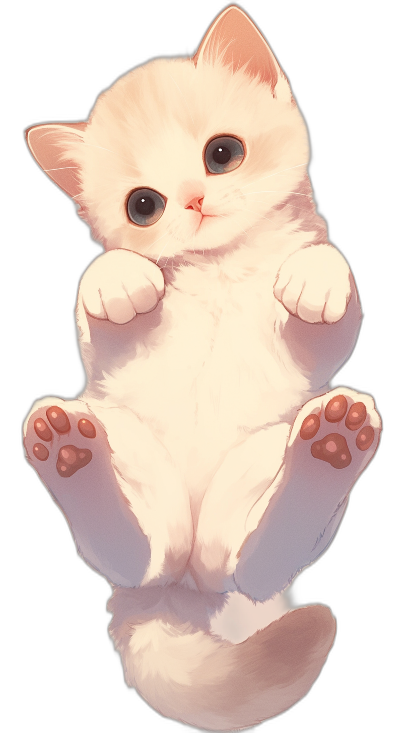 cute white kitten, full body, with white fur, big eyes, paws hanging up, in the cartoon style, anime style, on a black background, vector art, digital painting, with high detail, high resolution, high quality, high definition, with details, sharpness, contrast, and saturation.