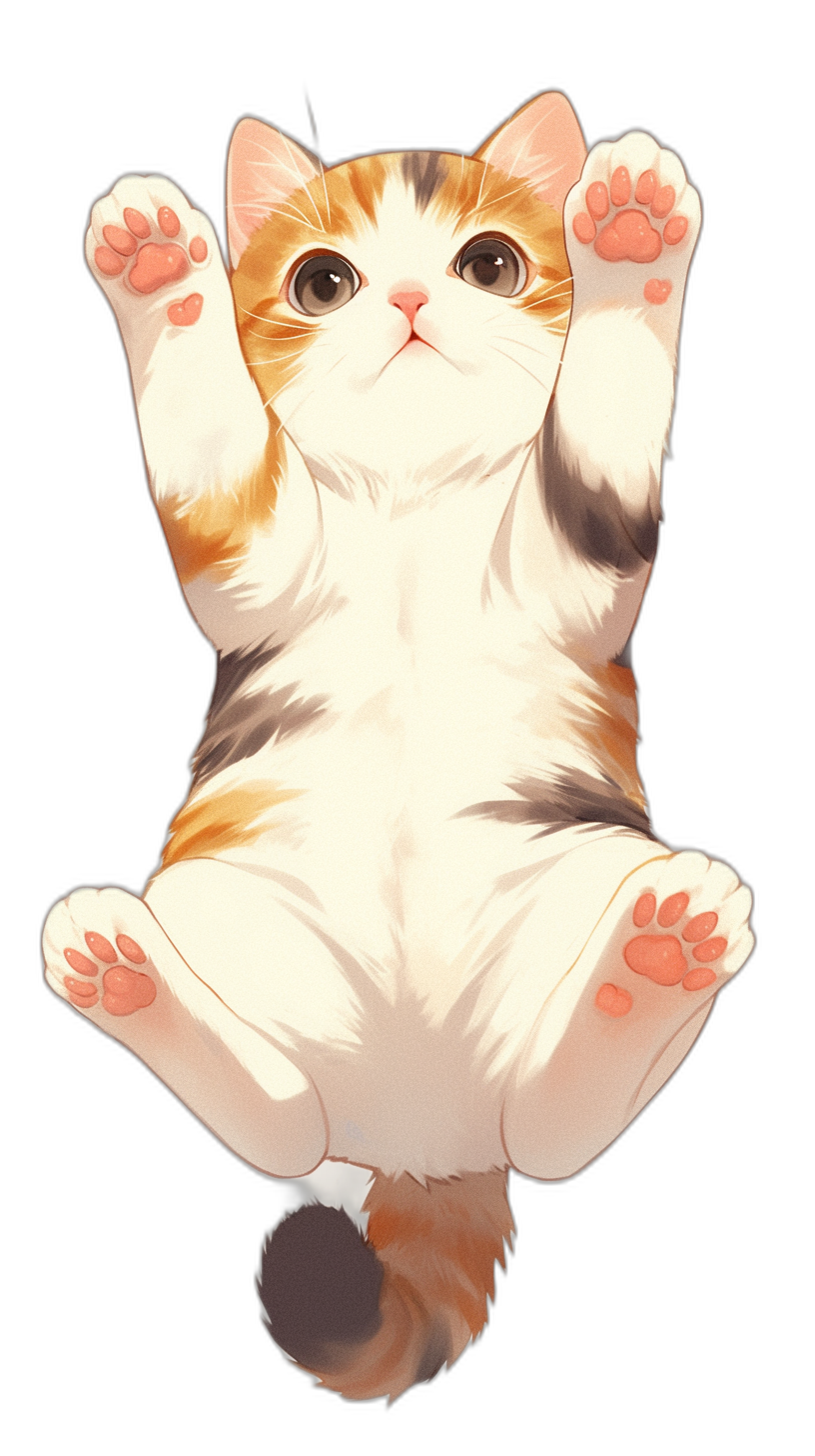 Cute cat hanging upside down in the air with its back on a black background, in the style of anime with simple lines, a white belly and brown legs, a cute face with big eyes, hands up to show its body weight, white fur.