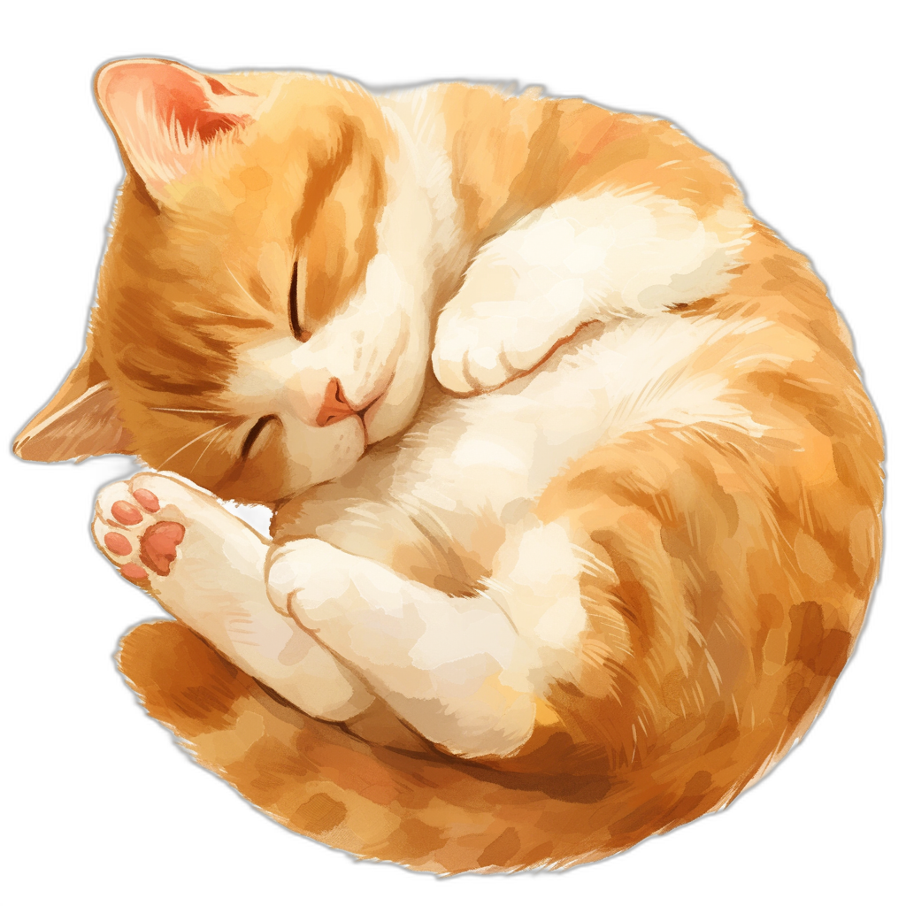 vector art, cute orange and white cat curled up sleeping, simple black background, cute cartoon style, digital painting, high resolution