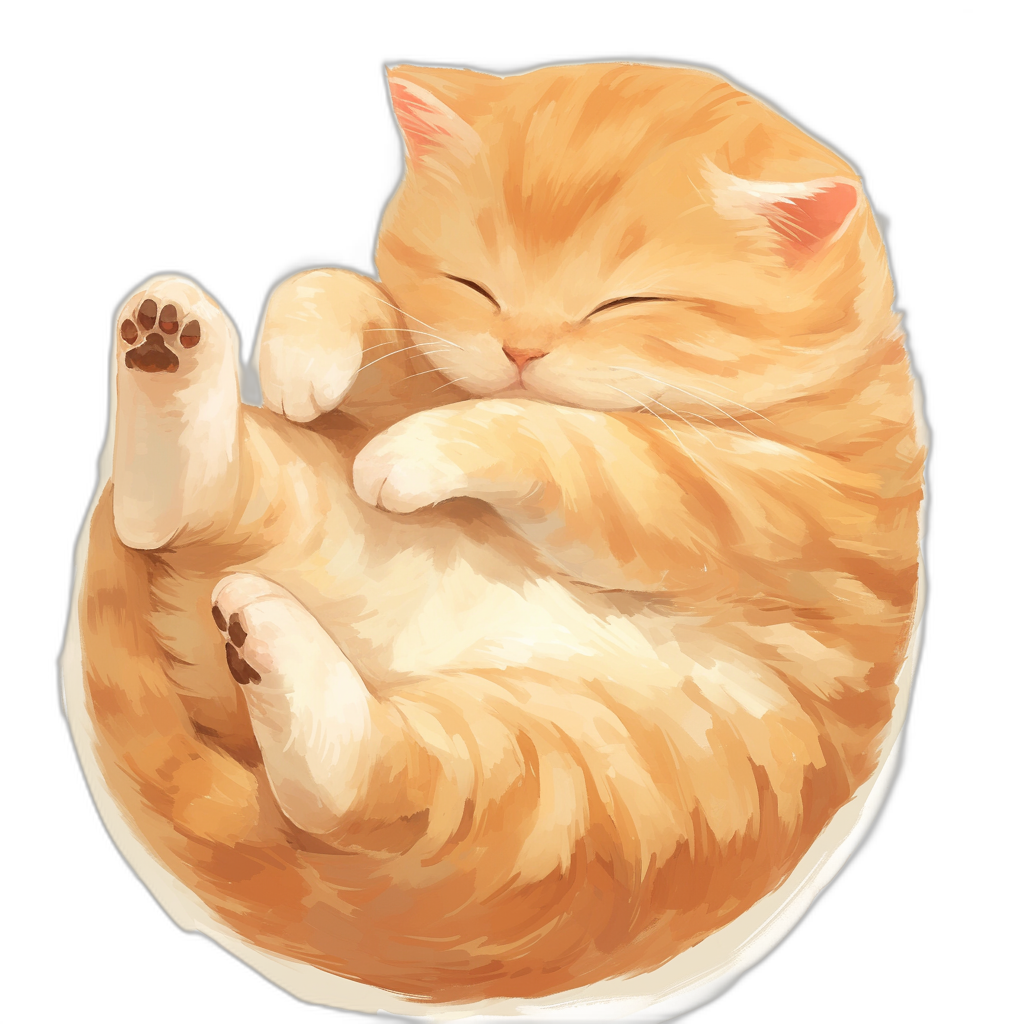 A cute fat orange cat lies on its back, curled up in an adorable pose with white paws and tail, sleeping peacefully. The illustration is done in the style of Japanese anime, with bright colors and soft lighting that creates a cozy atmosphere. Black background. Vector graphics, with no shadows, high resolution, high detail, and high quality.