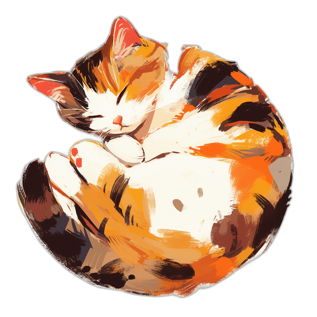 A cute cartoonish calico cat curled up sleeping in the style of illustrator [Artgerm](https://goo.gl/search?artist%20Artgerm), t-shirt graphic design, colorful brush strokes on a black background, vibrant illustrative art.