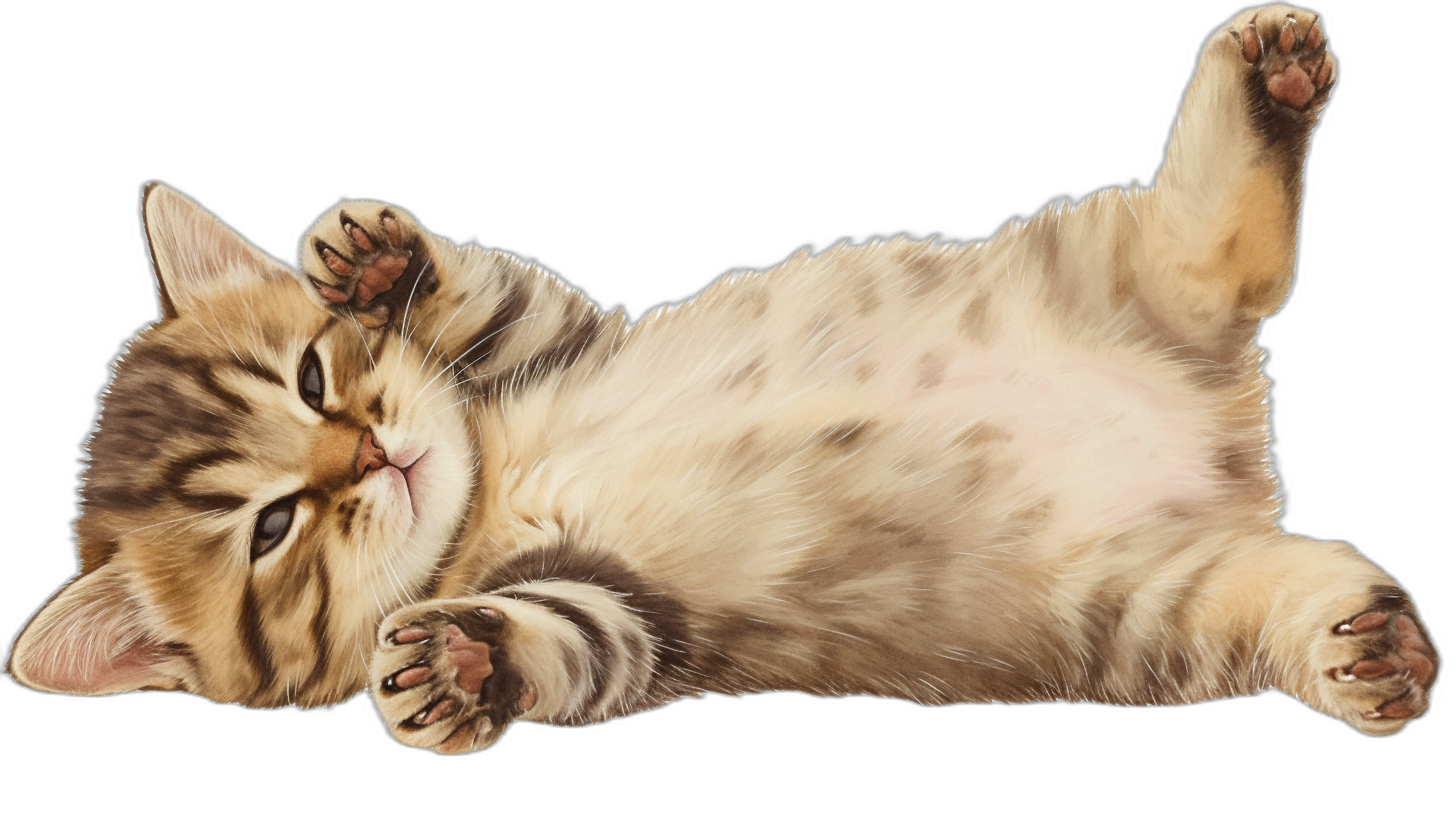 A white and golden brown tabby kitten lying on its back, paws up in the air, with a cute expression, adorable, hyperrealistic watercolor illustration in the style of black background.