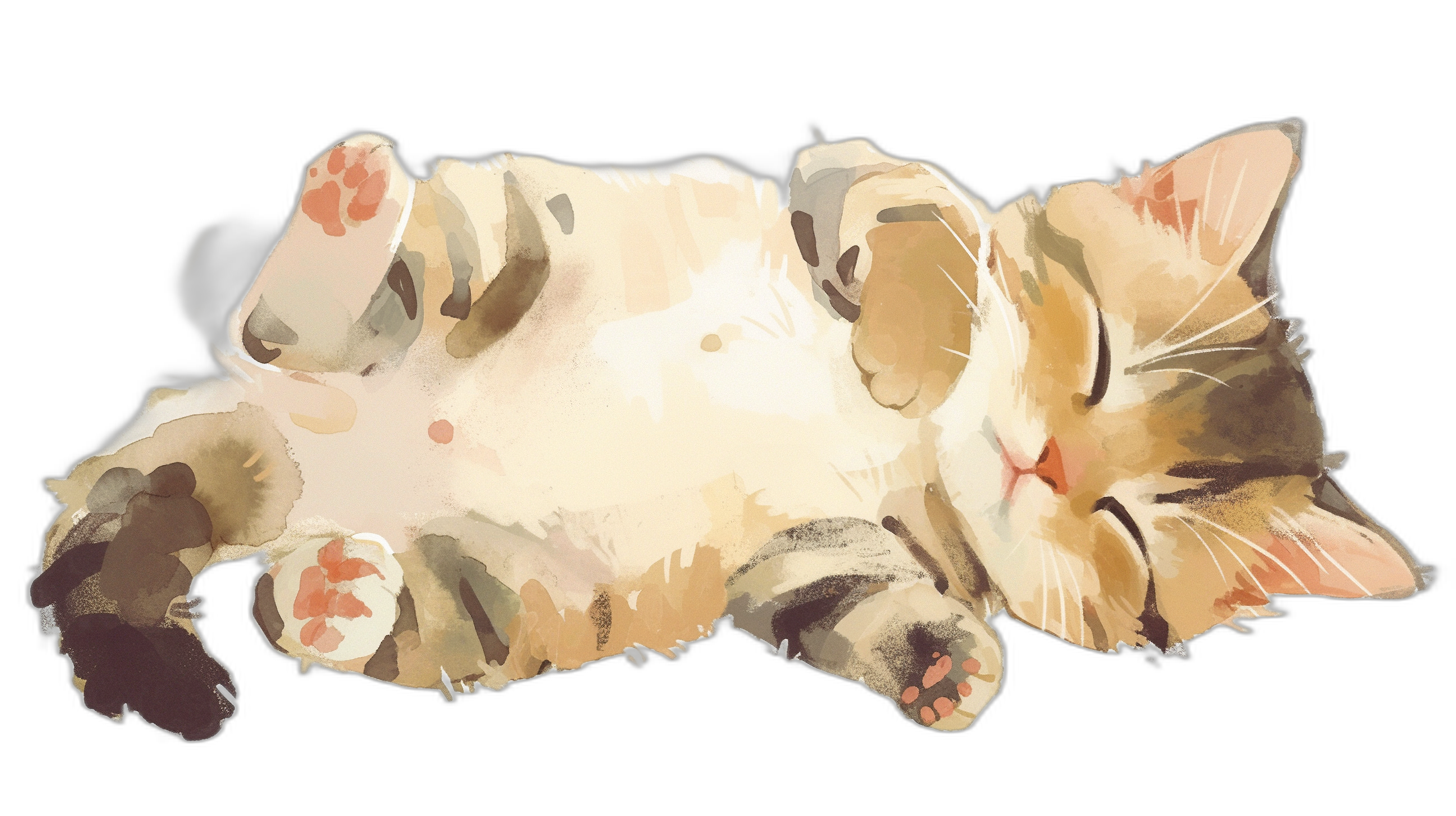 A cute fat cat sleeping on its back in a simple flat illustration against a black background in the style of watercolor. The style is reminiscent of Pixar cartoons with a warm and cozy feeling. A full body, high resolution depiction with high details in a digital art style using pastel colors. The cute and adorable cat has white paws and its white tail is visible from the side with a cute and happy expression on its face.