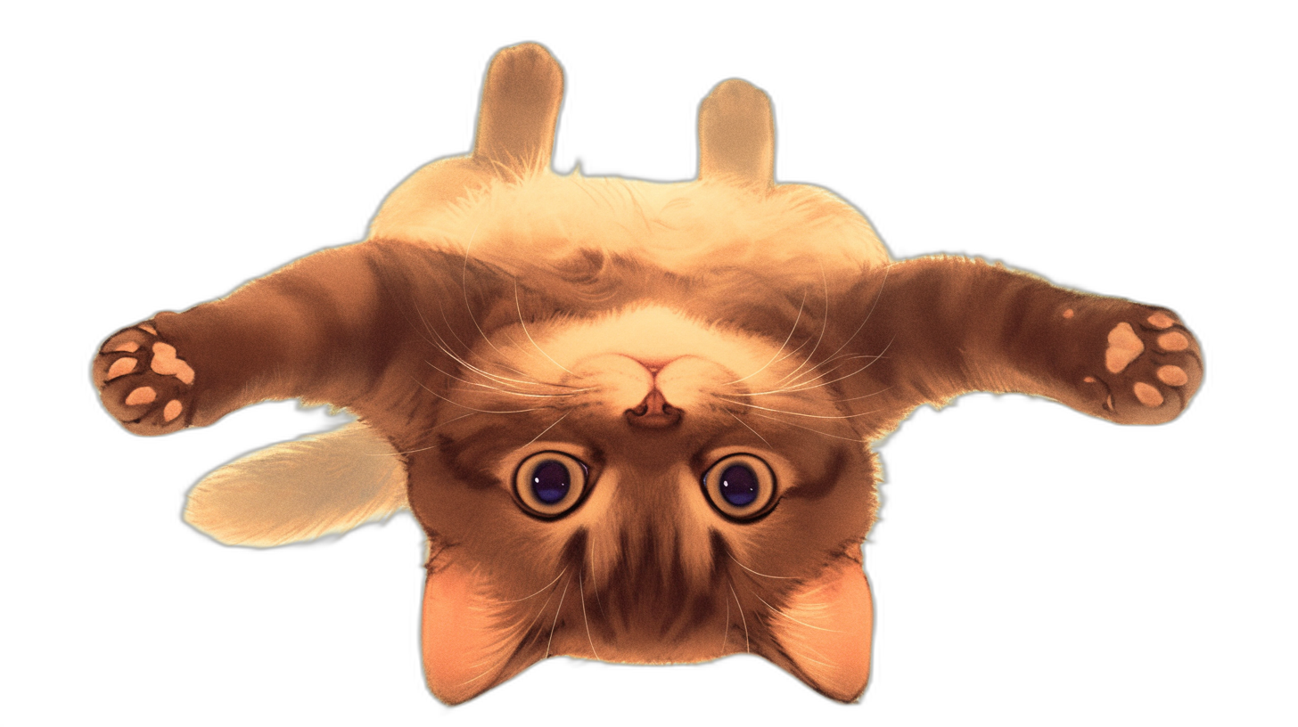 A cute cat upside down in the style of cartoon, top view style, isolated on a black background, high resolution photography.