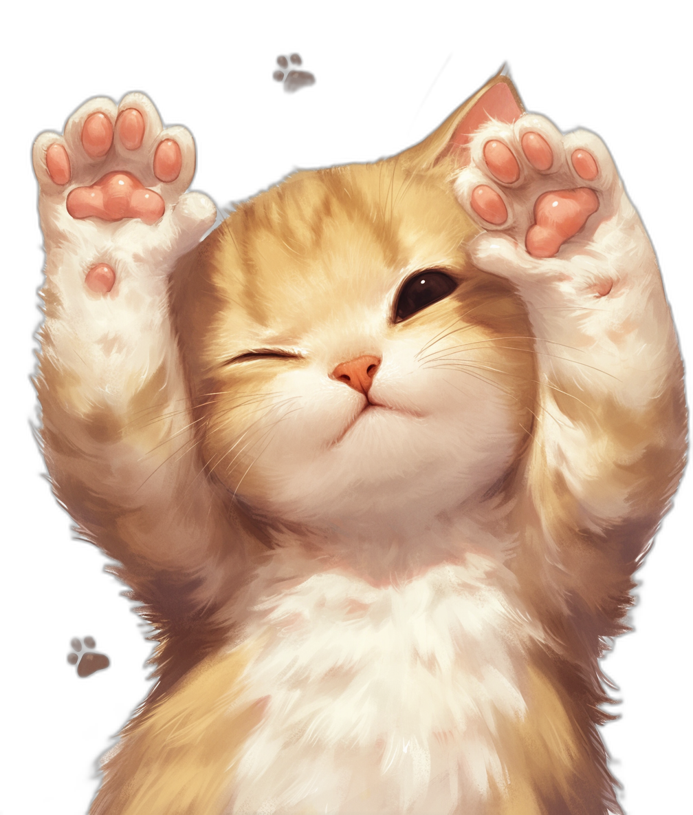 Cute cat, two paws raised high in the air, cute expression, happy smile, pure black background, in the style of anime, in the style of oil painting, high definition