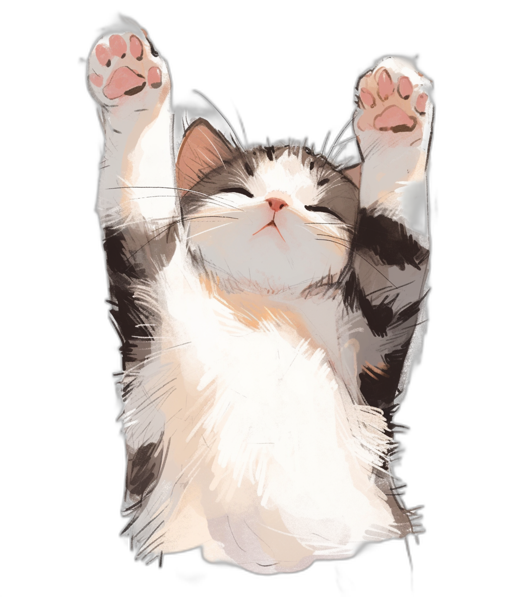 Cute cat stretching in the style of anime, vector illustration, t-shirt design, white on black background, front view, the cat’s paws raised up in the air, a happy expression, smiling face, cute and friendly features, soft lighting, detailed fur texture, soft shadows.