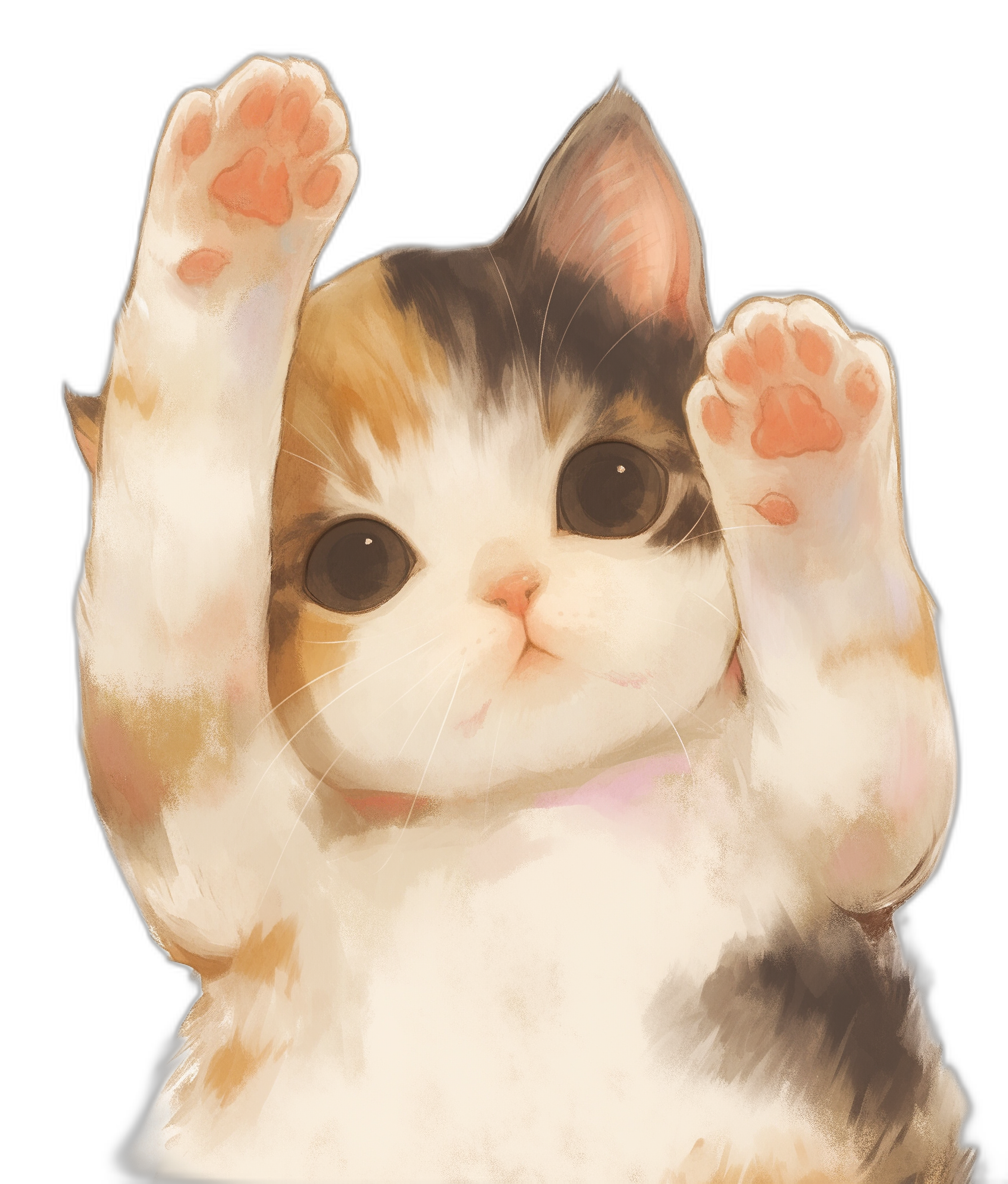 A cute cat is waving its paws in the style of anime, simple drawing, black background, cute and colorful, detailed painting, high resolution, high quality, high detail.