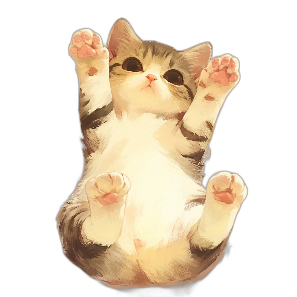 A cute cat is lying on its back, belly up, paws raised in the air, in the style of anime, black background, cute and adorable.