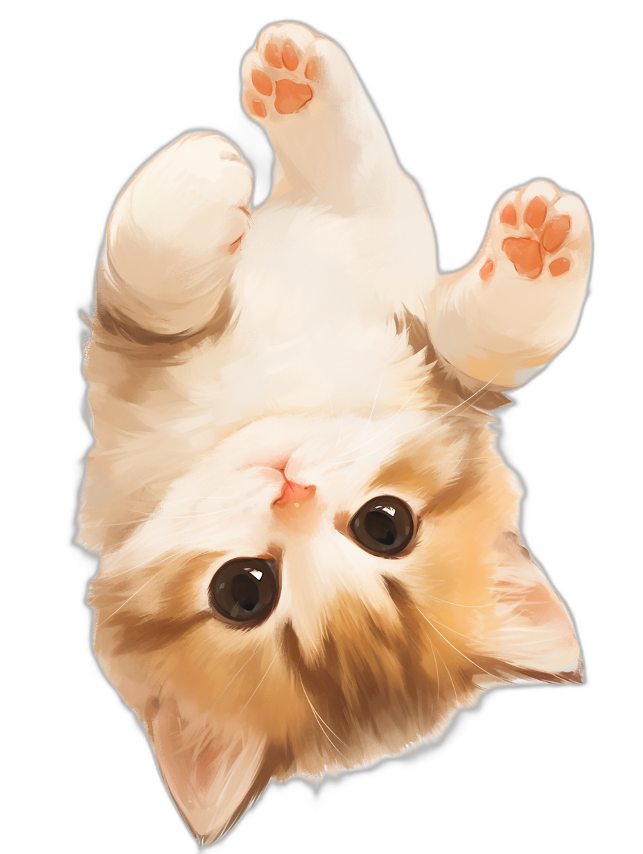 vector drawing of an orange and white kitten in a top down view, hanging upside down on its back with paws facing up towards the camera, black background, cute, adorable, in the style of anime.