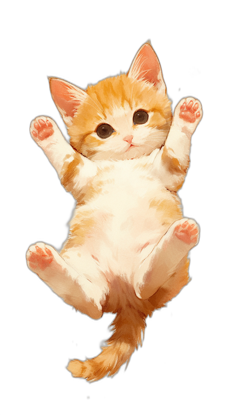 A cute orange and white kitten floating in the air, smiling with his paws up, full body shot, front view, black background, anime style, cute illustration, watercolor, clear lines, ultrahigh definition,