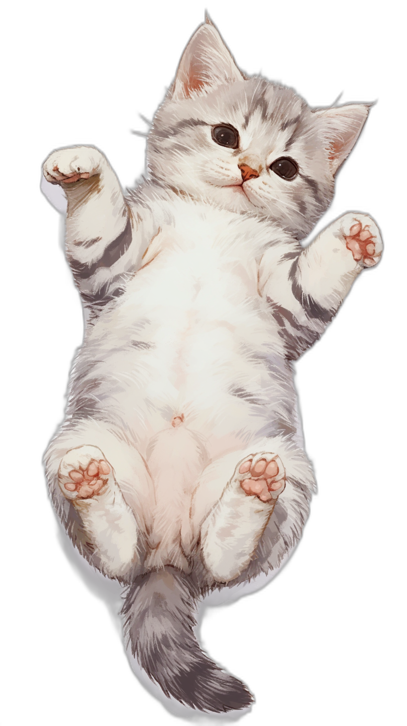 sticker of cute cat, white kitten lying on back with paws up in the air, black background, vector art, hyperrealistic illustration, hyper details, no outline