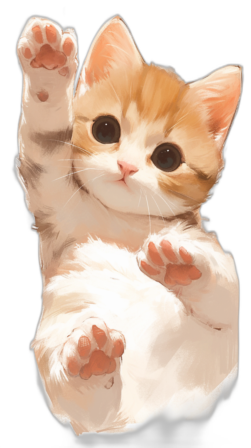 A cute orange and white kitten is waving its paws in the style of anime, high definition, high resolution, black background, watercolor painting, cartoon illustration, pastel colors, full body portrait, high detail, in the style of Pixar.