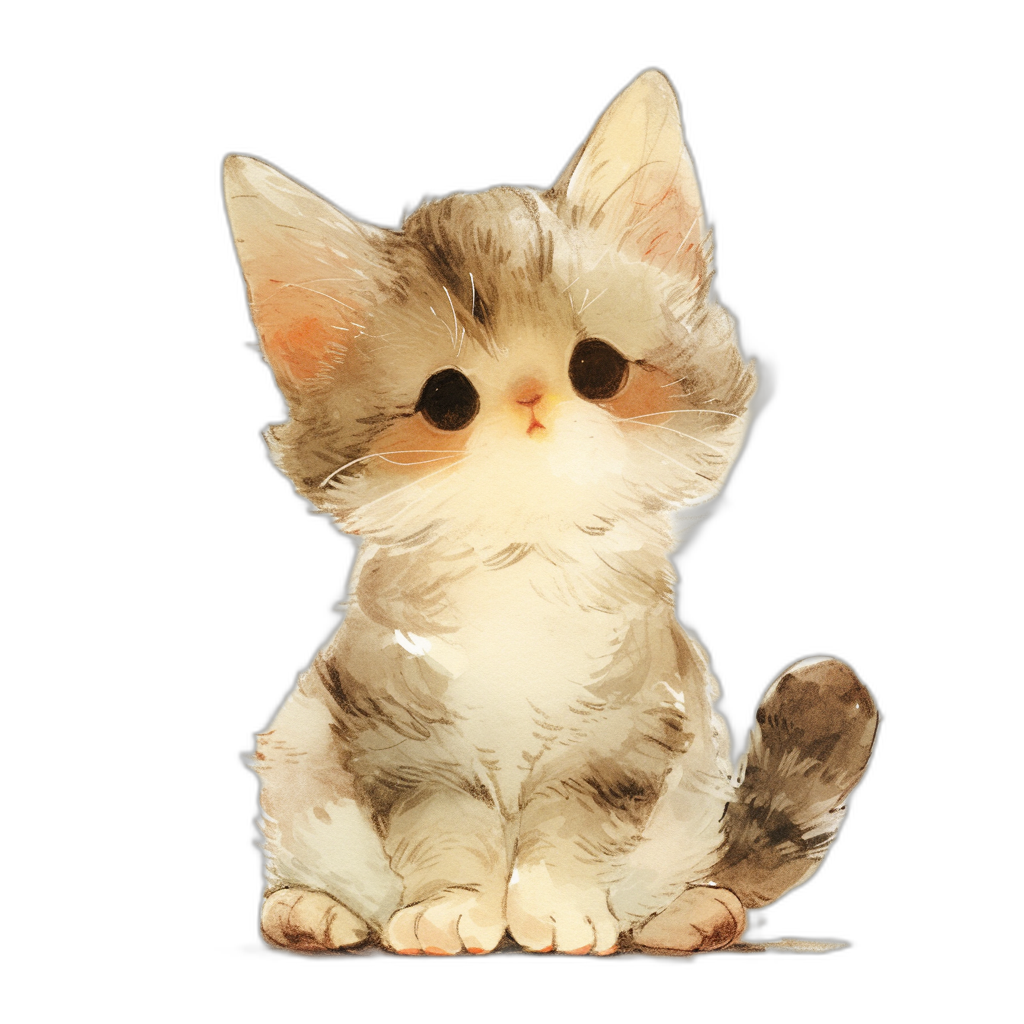 A cute cat, a simple watercolor clipart of an adorable kitten sitting up with a black background, no text in the image, muted colors, low color saturation, minimalist and kawaii style, high resolution.