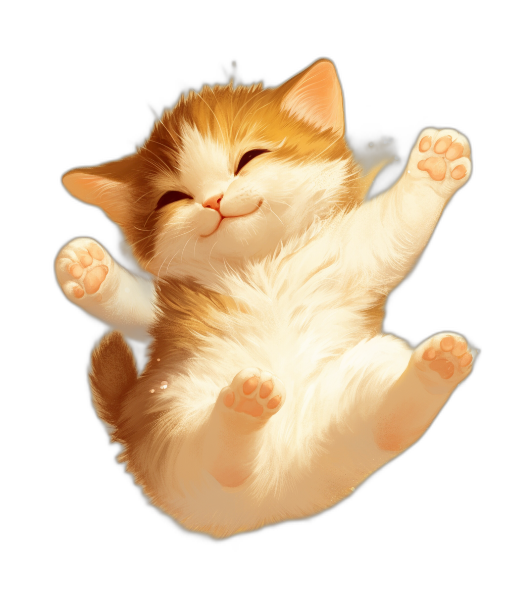 Cute orange and white kitten floating in the air, smiling expression, black background, in the style of 2D game art, cute cartoon design, high resolution digital painting, high quality, sharp focus, illustration, concept art, artstation, studio lighting, octane render.