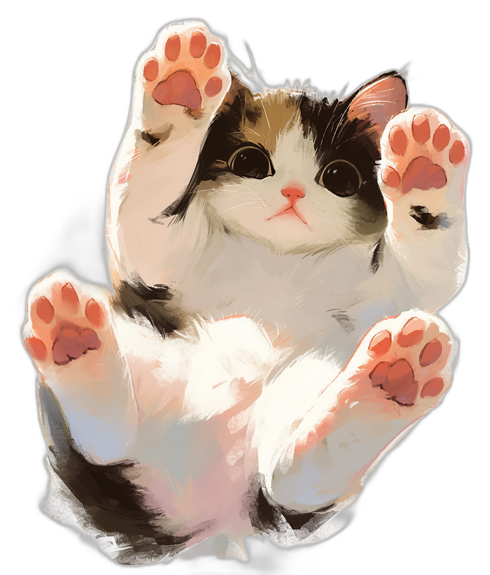 A cute cat with paws up, sticker style, vector art, white border on a black background, white outline of the cartoon cat in a sticker shape, realism illustration in the style of watercolor and ink styles, colorful.