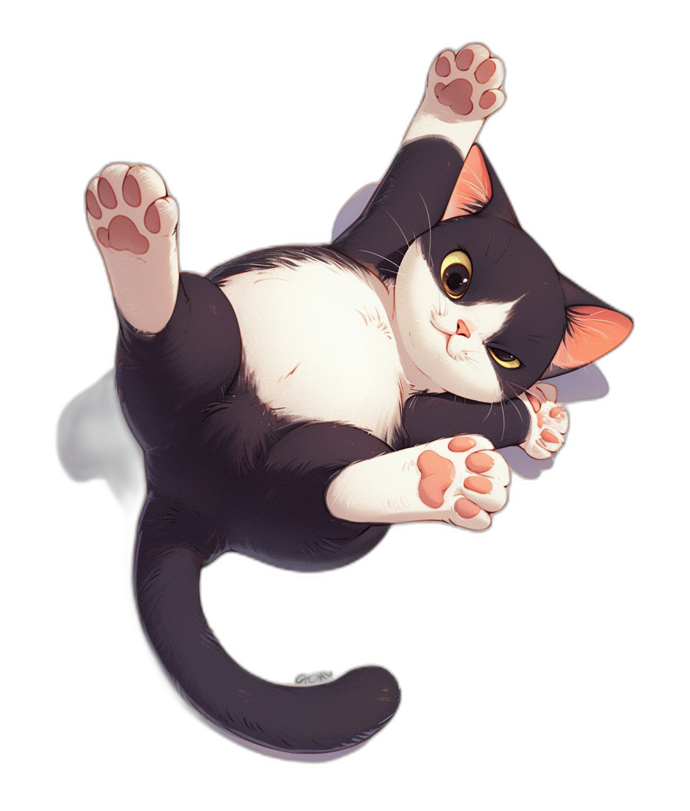 A anime cat laying on its back with paws up in the air, against a black background, in a cute chibi anime style.