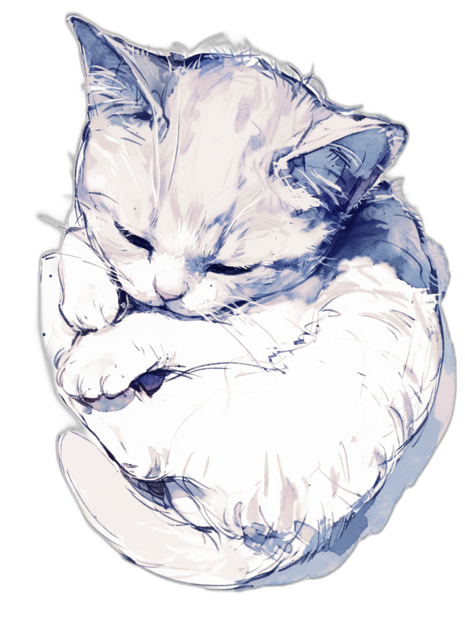 a cute white cat sleeping, vector drawing style, dark blue and light grey, anime art style, black background, detailed character illustrations, ink wash paintings, ink rendering, loose brushwork, ink painting, watercolor wash, wetonwet technique, simple lines, minimalistic, high resolution, digital illustration, by [Hayao Miyazaki](https://goo.gl/search?artist%20Hayao%20Miyazaki), by [James Jean](https://goo.gl/search?artist%20James%20Jean), by [Yoji Shinkawa](https://goo.gl/search?artist%20Yoji%20Shinkawa), by [Ismail Inceoglu](https://goo.gl/search?artist%20Ismail%20Inceoglu), by Nyoiko batchinai, by Tatsuya Yoshikawa, by [Atey Ghailan](https://goo.gl/search?artist%20Atey%20Ghailan), by Koda kazuma, by J Scott Campbell, by Alphonse