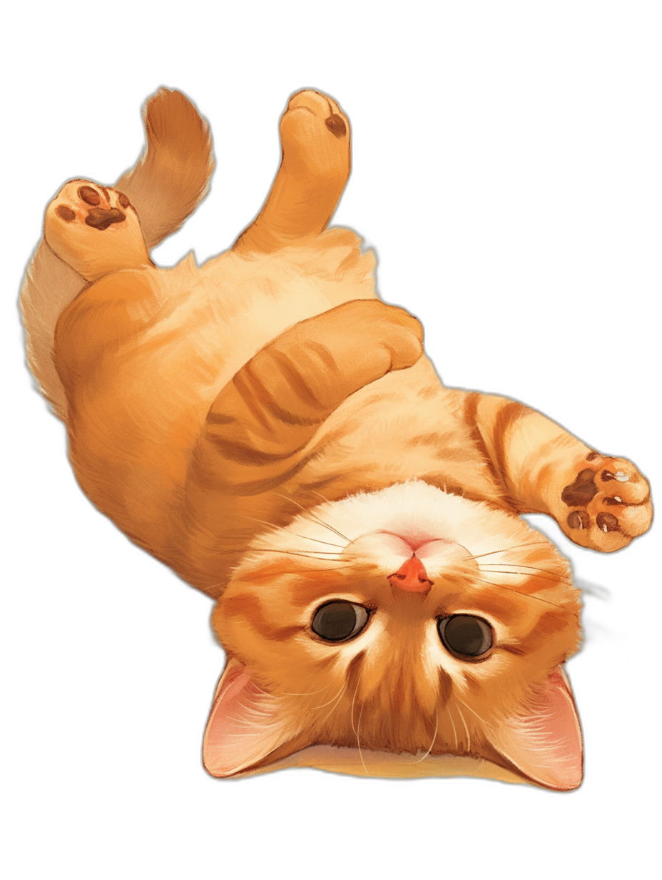 illustration of orange cat rolling over on back, cute, black background, high resolution, tshirt design vector