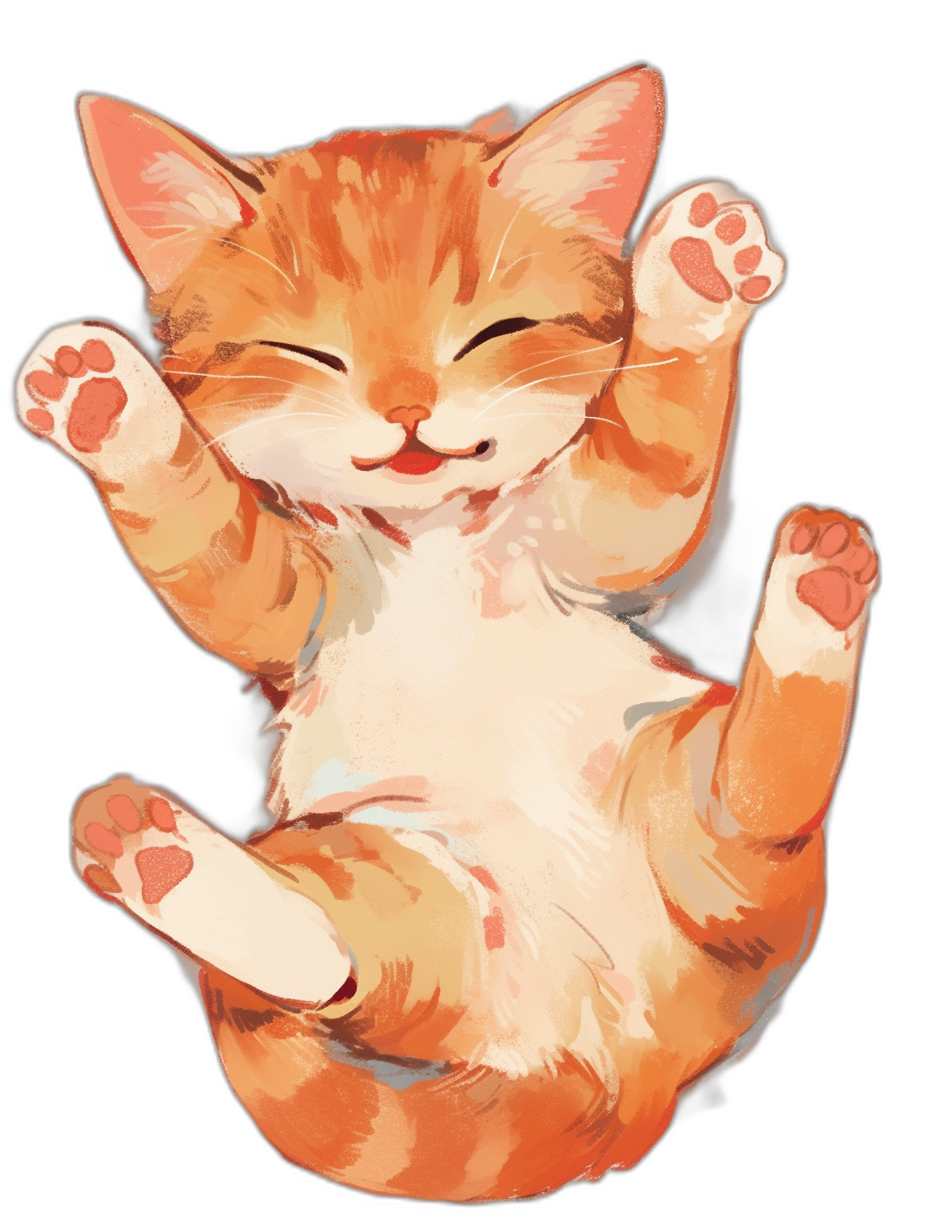 Cute orange and white cat, smiling with eyes closed, lies on its back in the air and shows four paws up in the style of anime. Black background. The illustration is created using digital painting techniques.