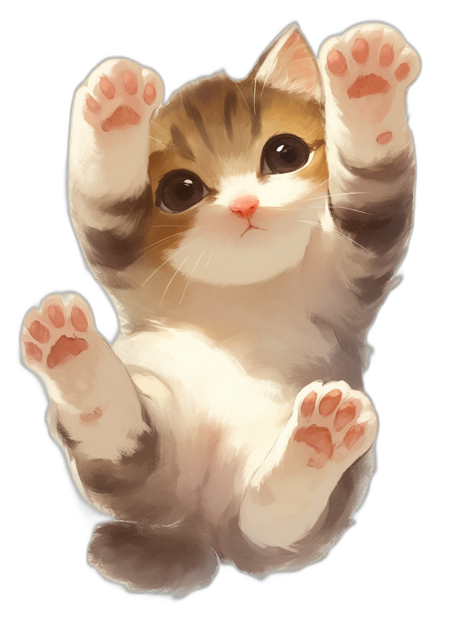 A cute cat is playing with its paws up in the air in the style of stickers. The art is in the style of vectors with an anime style. It has a white background with the full body shown at a high resolution, high quality, and with high detail. The digital painting has sharp focus with studio photo lighting. The cat is black and isolated on a black background.