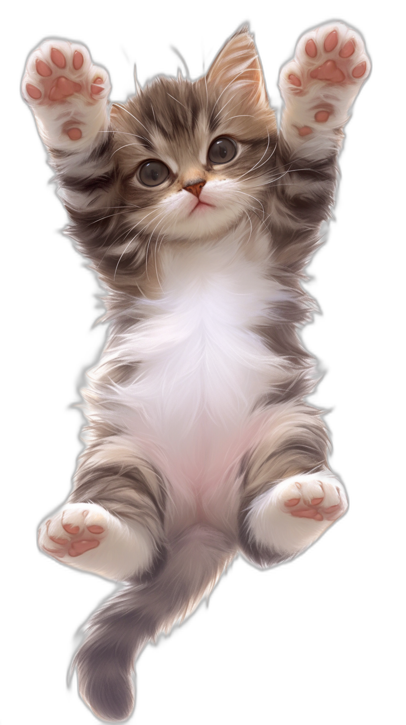 Cute cat floating in the air, paws outstretched, white and brown fur. Detailed digital illustration against a black background, with a cute and pastel color palette. High resolution and highly detailed hyperrealistic illustration in the style of a super quality digital art.