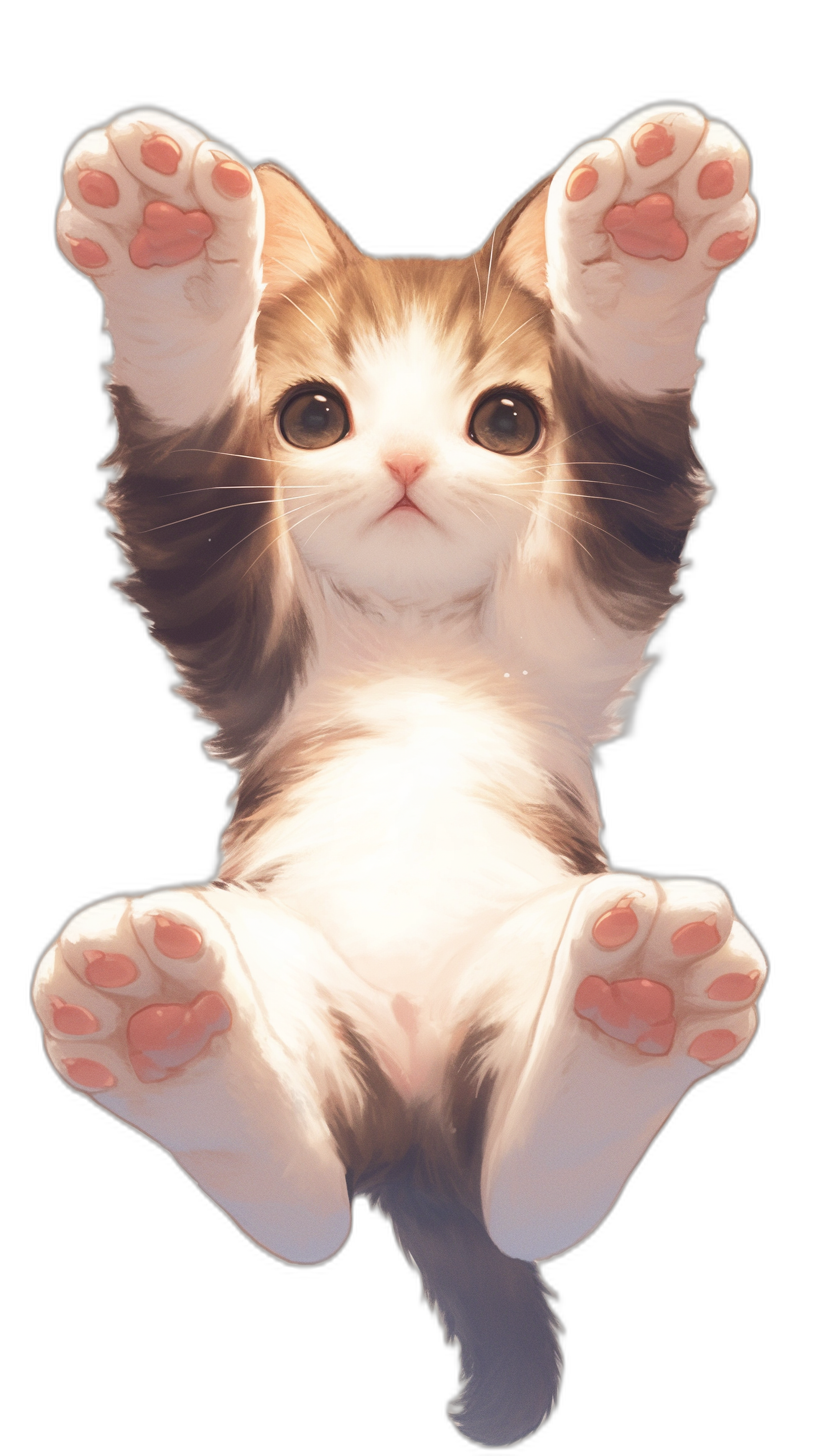 A cute cat floating in the air, its two paws hanging down towards the ground, in the cute anime style, on a black background, in a hyper realistic style.