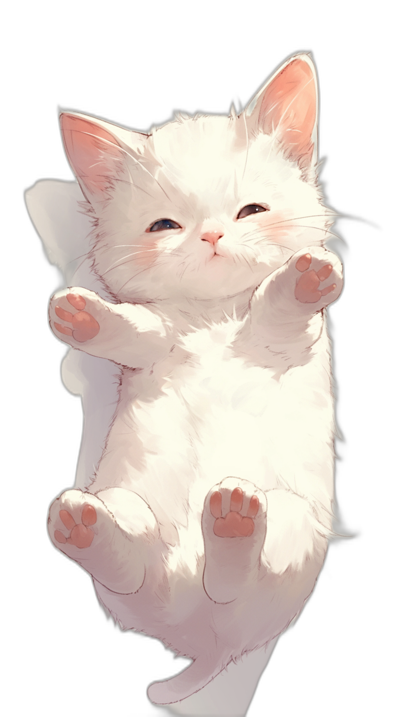 cute white kitten, white paws hanging in the air, smiling face, cute pose, black background, in the style of anime, digital art, high resolution